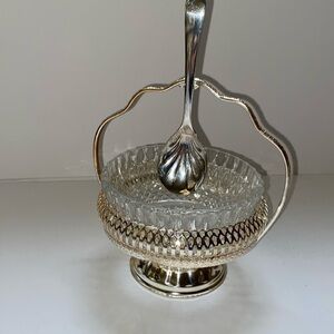 Vintage Mayell Glass Condiment Serving Dish in Silver Plated Basket Holder